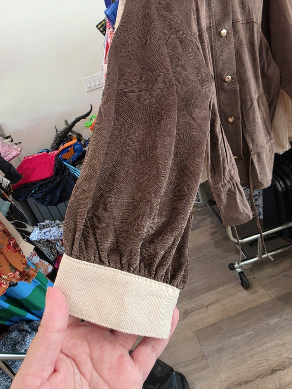 Women's Brown Utility Jacket with Cream Collar and Drawstring Waist - Picture 6 of 6